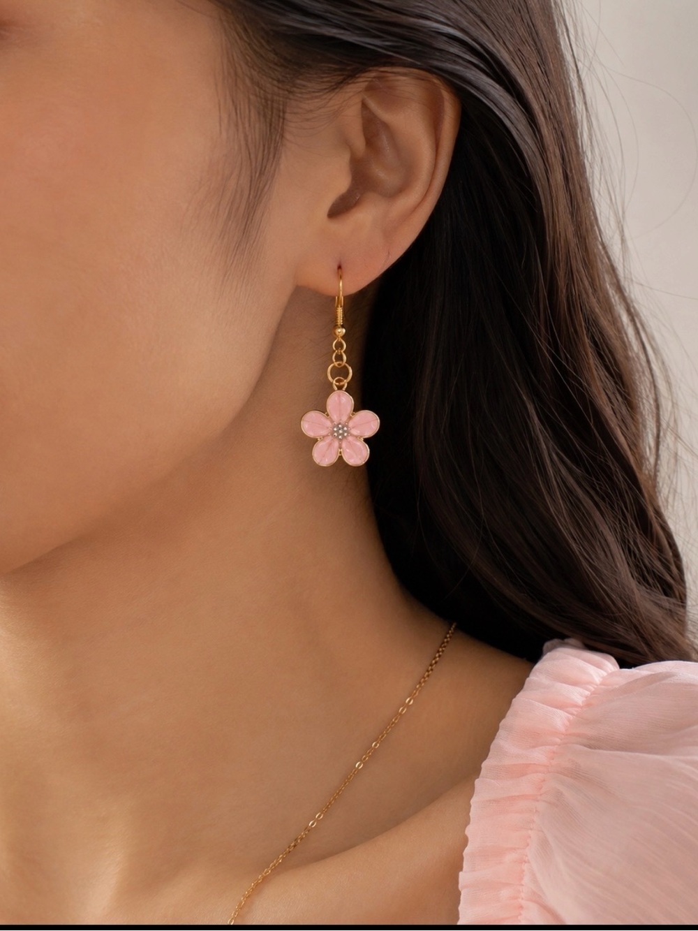 18K Gold Plated Pink Enamel Flower Pearly Handmade 1.25” Huggie Earrings 💕